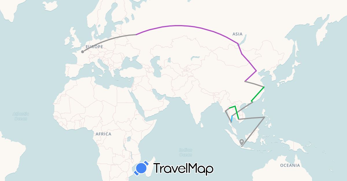 TravelMap itinerary: driving, bus, plane, train, boat in China, France, Hong Kong, Indonesia, Cambodia, Laos, Myanmar (Burma), Mongolia, Philippines, Russia, Thailand (Asia, Europe)
